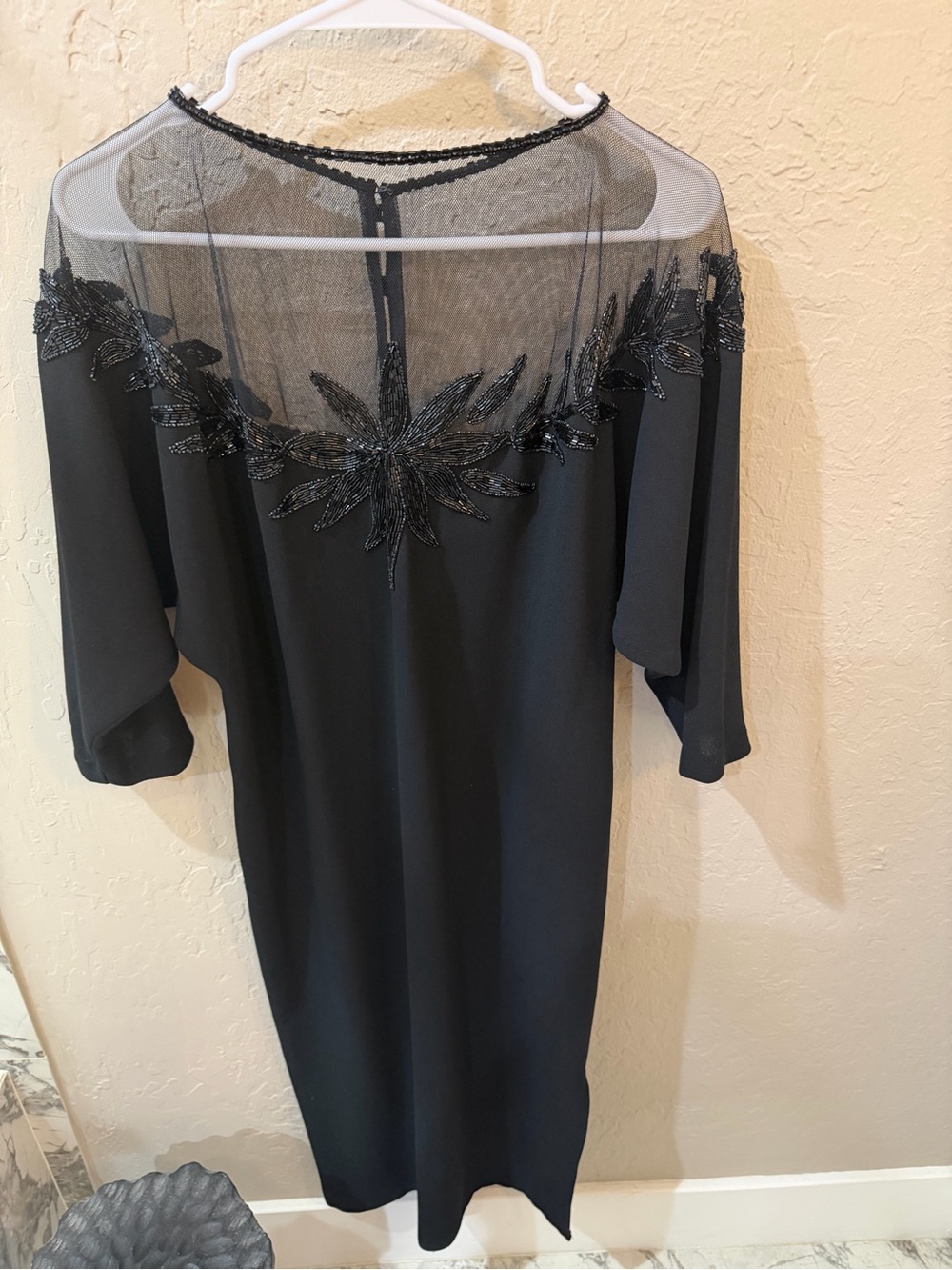 Elegant Black Sheer Yoke Dress with Beaded Floral Detail